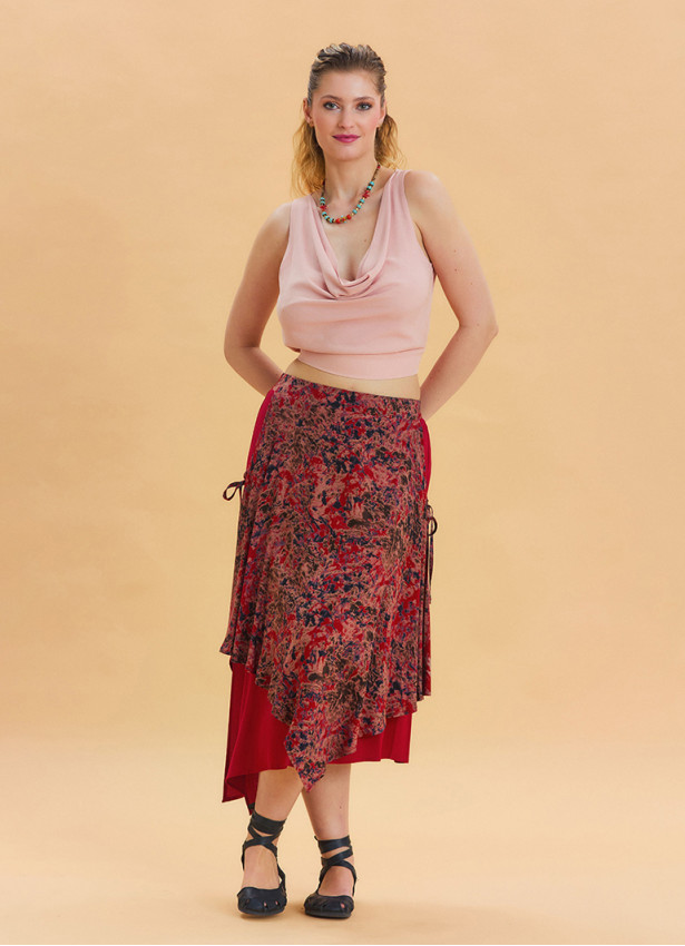 Red Ethnic Skirt with Tie Detail and Elastic Waist Pattern 4522